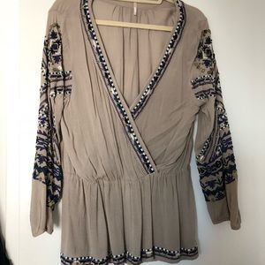 Free people embroidered grey tunic w/ gold beading